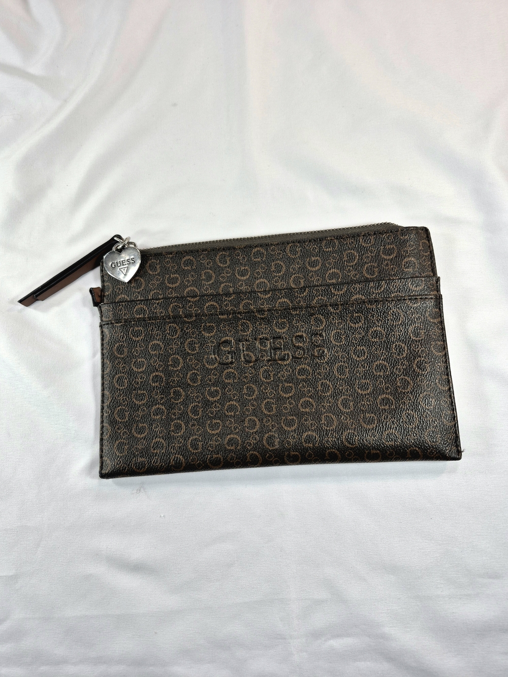 GUESS Brown Monogram Signature G-Logo Zip Top Clutch Pouch Wristlet Y2k